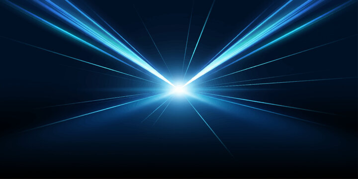 A vibrant blue light streaks across a dark background, creating a sense of speed and energy, with a bright central glow that suggests a powerful source.