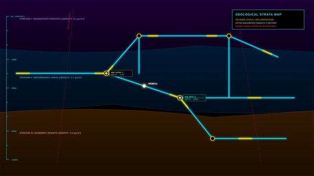 Futuristic Geological Strata Map Interface with Moving Probes and Data Flow in Subsurface Layers