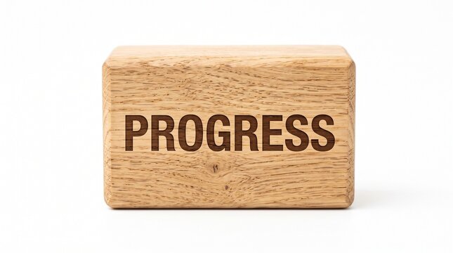 Progress word on wooden block, natural oak timber cube with motivational text, business growth and development concept