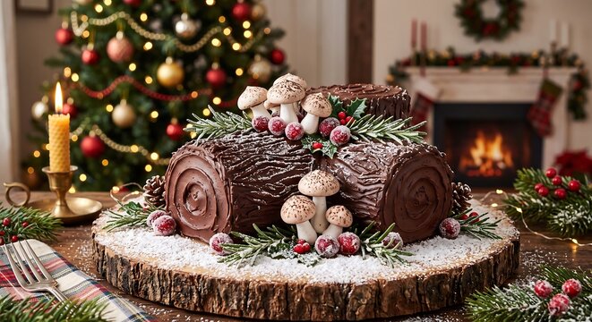 Festive chocolate yule log cake decorated with mushrooms, berries and evergreen branches on a rustic table beside a candle, Christmas tree and fireplace. Traditional holiday dessert centerpiece.