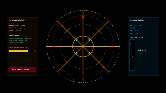 Futuristic TBM Drill Guidance Interface HUD Graphic for Tunnel Boring Machine and Mining Operation