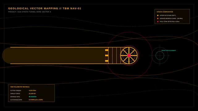Futuristic Tunnel Boring Machine Data Mapping HUD Display Animation for Industrial Geological Survey