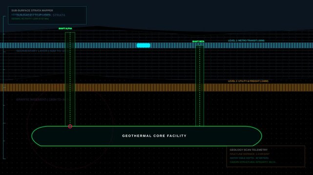 Futuristic Underground Geothermal Facility Data Analysis Interface Digital Display Motion Graphic