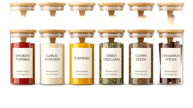 Minimalist glass spice jars with bamboo lids and elegant labels arranged in a neat row for modern kitchen organization