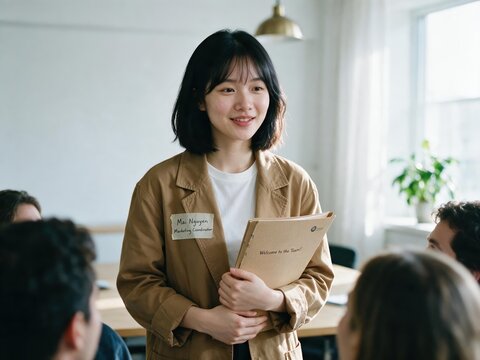 Generative AI, New Asian female employee introducing herself during onboarding