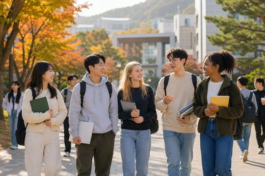 International students enjoying campus life at korean university in autumn