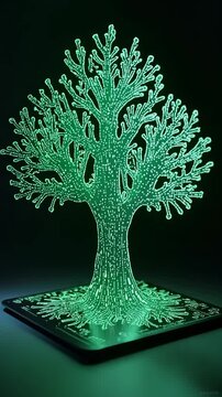 Glowing green tree sculpture on circuit board. Modern art piece with LED lights. Futuristic design blends nature and technology. Perfect for tech, environmental, or digital themes