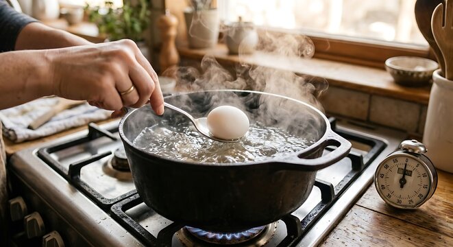 Woman boiling an egg in a pot of water on a gas stove. Home cooking technique with steaming cookware, kitchen timer and breakfast preparation concept.