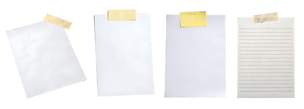 Set of four empty paper sheets of different types attached with tape at various angles, isolated on transparent background. Ideal for mockups, note templates, to-do lists, announcements, or design lay