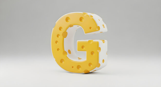 3D Letter G Shaped Like Delicious Yellow Swiss Cheese With Holes Isolated On A Light Grey Studio Background For Creative Design