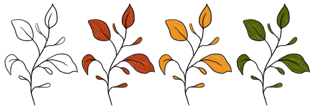 The plants are drawn with colored pencils on a transparent background. The drawing shows leaves of different colors and at various stages of development. Each branch looks unique.