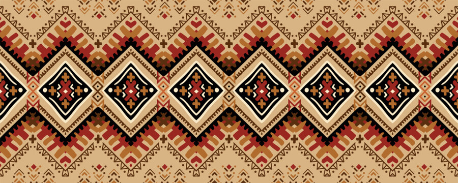 Vibrant ethnic patterns. Covers with tribal motifs. Vector geometric abstract seamless pattern. Zigzags. Highly detailed. Mayan and Aztec. Chevron background. Craft drawing. Horizontal border
