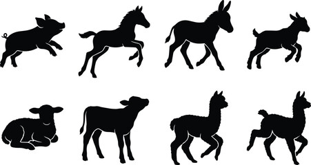 Naklejka premium Set of cute baby farm animal silhouettes featuring piglet, foal, calf, lamb, goat, donkey, and alpaca isolated on white