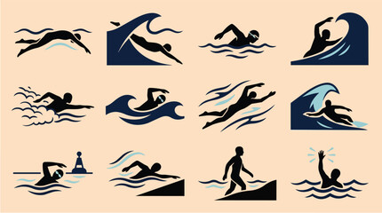 Obraz premium Swimming icons set for sports marketing, water activities and athlete fitness training in pool or ocean. People, strokes and hobby with aquatic exercise, summer leisure and competition themes.