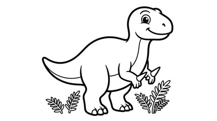 Naklejka premium Cute little dinosaur cartoon character for children coloring page illustration with simple outlines and plants