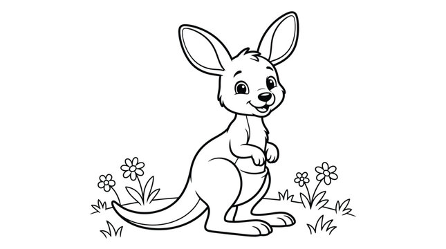Cute little baby kangaroo standing in a grassy meadow for children to color