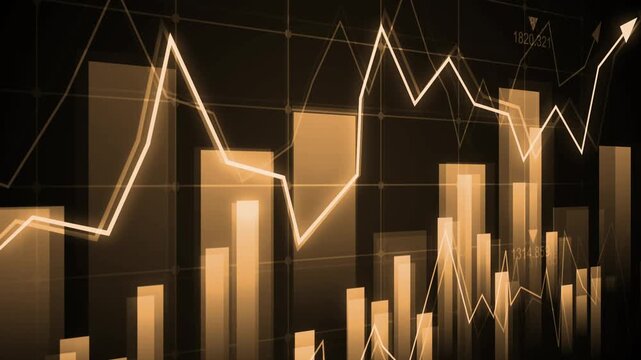 Rising stock chart with glowing blue bars and line graph, Glowing financial chart with rising bars and line graph market growth and business analytics animation
