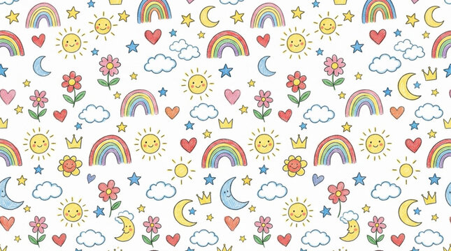 Seamless pattern with cute hand drawn colorful doodle icons of sun moon rainbow clouds flowers and hearts seamless handdrawn background wallpaper children