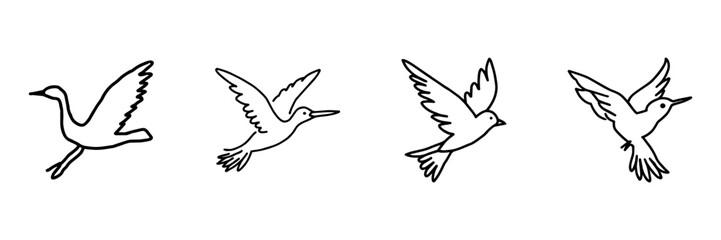 Obraz premium Flying Bird Hand Drawn Doodle Icon Set. Bird In Flight, Winged Motion And Nature Wildlife Sketch Symbol Collection. Animal And Ornithology Context. Isolated Vector Illustration