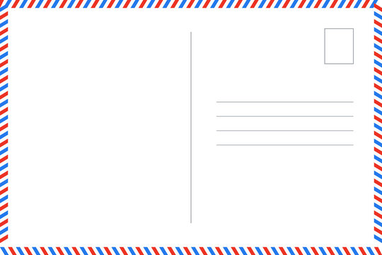 Blank airmail postcard template with red and blue diagonal striped border, address lines, and a rectangular stamp placeholder