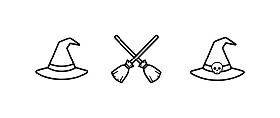 Fototapeta premium Set of simple black outline witch hats and crossed broomsticks icons