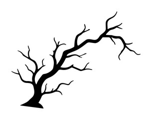 Silhouette of a curved bare tree branch without leaves on a white background