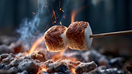 Fototapeta premium Giant marshmallows toast over crackling campfire. Flames dance, sparks fly, smoke curls upward. Soft golden brown, sweetly charred, on stick.