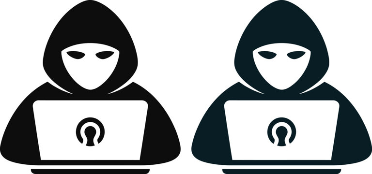 Two black hacker icons with headphones on computers
