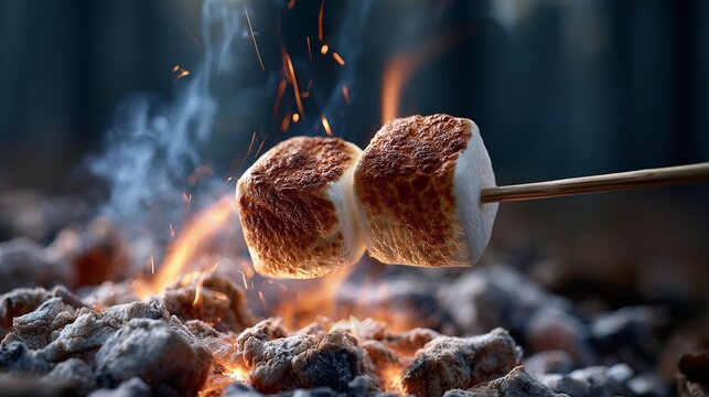 Giant marshmallows toast over crackling campfire. Flames dance, sparks fly, smoke curls upward. Soft golden brown, sweetly charred, on stick.
