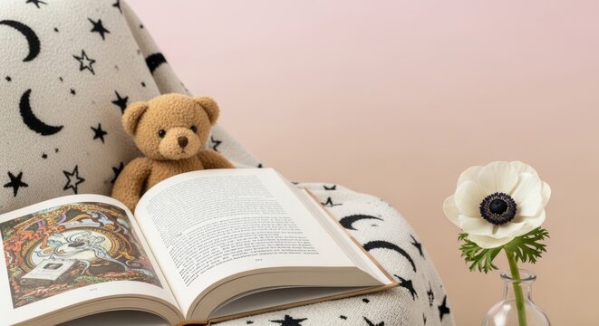 teddy bear sitting on chair with book and flower