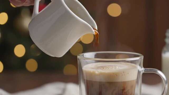 Pouring hot fresh brewed coffee from ceramic creamer pitcher into transparent milk glass
