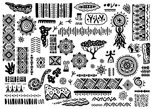 Black and white African art decoration tribal geometric shapes set. Pen and ink drawing of ancient ethnic traditional symbols and ornate signs. Hand-drawn oriental elements in doodle style.