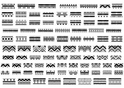 Abstract African tribal symbols geometric shapes set. Ethnic boho doodle decoration elements collection, mayan hand drawn design. Vector Illustration. Ethnic tribal borders traditional divider 