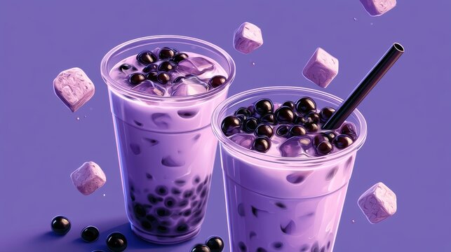 Taro Milk Bubble Tea with Tapioca Pearls,menu in cafe,Trendy,boba milk tea,banner for background,2026 food trends,space for text.