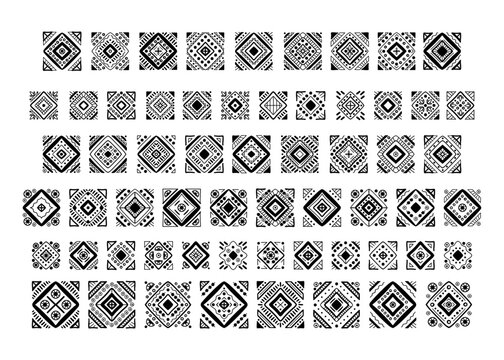 Abstract African tribal symbols geometric shapes set. Ethnic boho doodle decoration elements collection, mayan hand drawn design. Vector Illustration. Ethnic tribal borders traditional divider 
