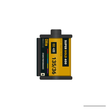 Retro realistic fantasy style 35mm film cartridge. Old analogue photo film for SRL or point-and-shoot cameras on white background. Vector illustration.