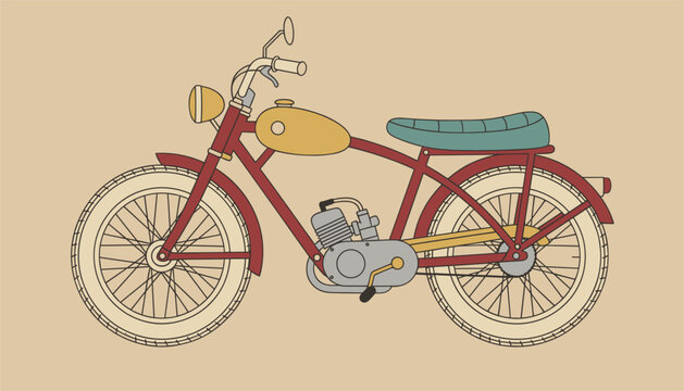Vintage motorized bicycle or early lightweight moped model with a red frame, yellow tank, and blue seat.