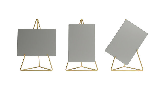 Three empty grey sign boards on gold stands isolated on transparent background