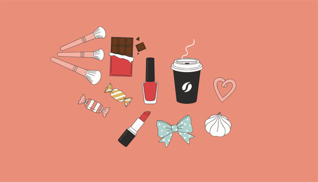 Collection of feminine accessories and treats including makeup brushes, chocolate, nail polish, coffee, candies, lipstick, and a cute bow.