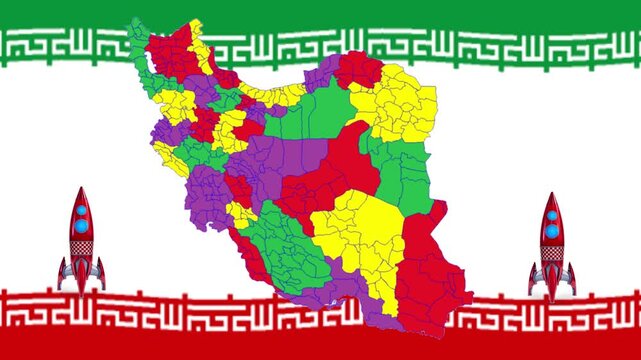 Animation of a missile featuring the map and flag of Iran - National flag of iran with green white and red horizontal bands