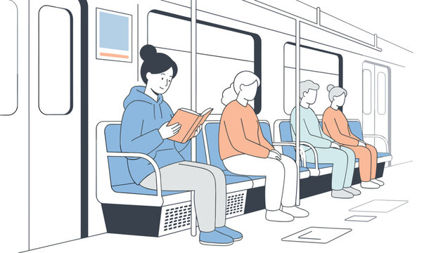 Commuters sit inside a subway train carriage while one woman reads a book near the window and others wait calmly during their daily transit journey.