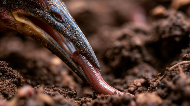 Macro close up shot of bird beak catching and pulling earthworm out of moist soil ground.