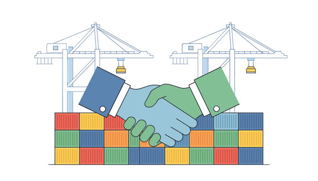 Two professional hands shake over a pile of stacked shipping containers in a port with cranes visible in the background to signify a logistics deal.