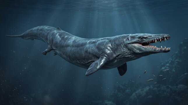 Prehistoric Mosasaurus swimming in deep ocean water