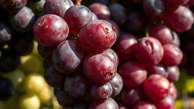 Ripe deep purple grapes under sunlight, dew drops glistening on the skin.