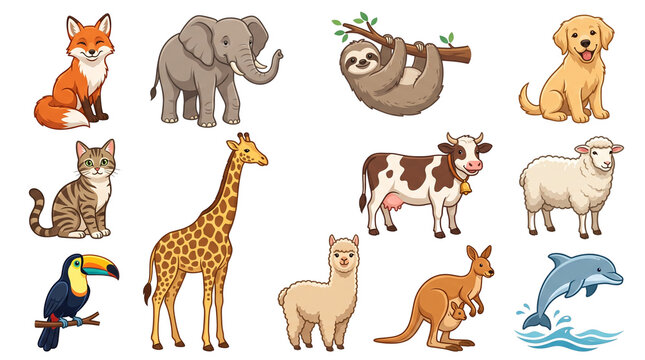 Cute cartoon animal collection with 12 characters. Diverse wildlife and farm animal set. Hand drawn zoo and pet illustrations for kids.