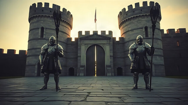 Two armored guards with halberds flanking a massive castle gate at dusk.