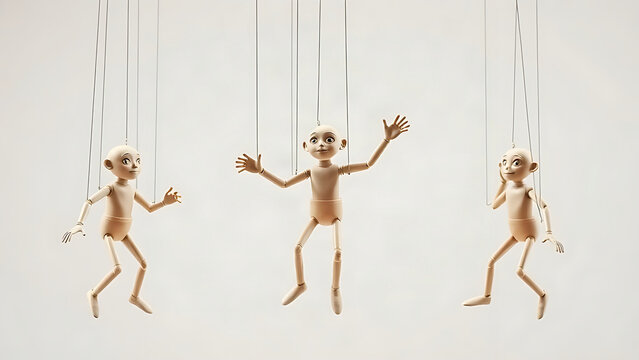 Three identical marionette puppets suspended by a string, performing synchronized gestures.