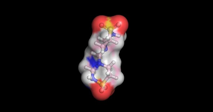 Taurolidine, antimicrobial and anti-endotoxic amino acid derivative used to prevent catheter-related bloodstream infections and treat peritonitis, 3D molecule spinning, 4K