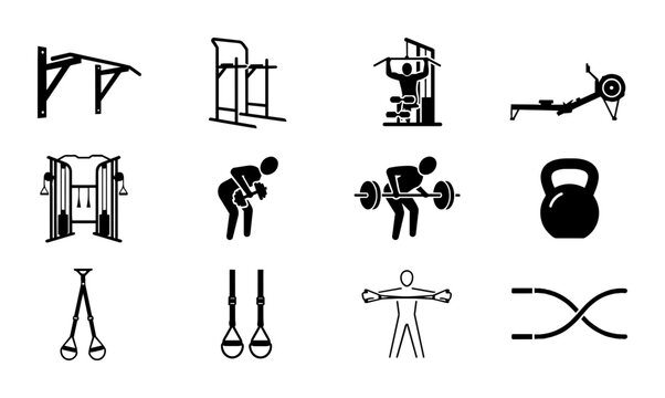 Fitness Equipment Icons, Gym Machine Vector Set, Workout Gear Graphics, Strength Training Symbols, Cardio Machine Illustrations